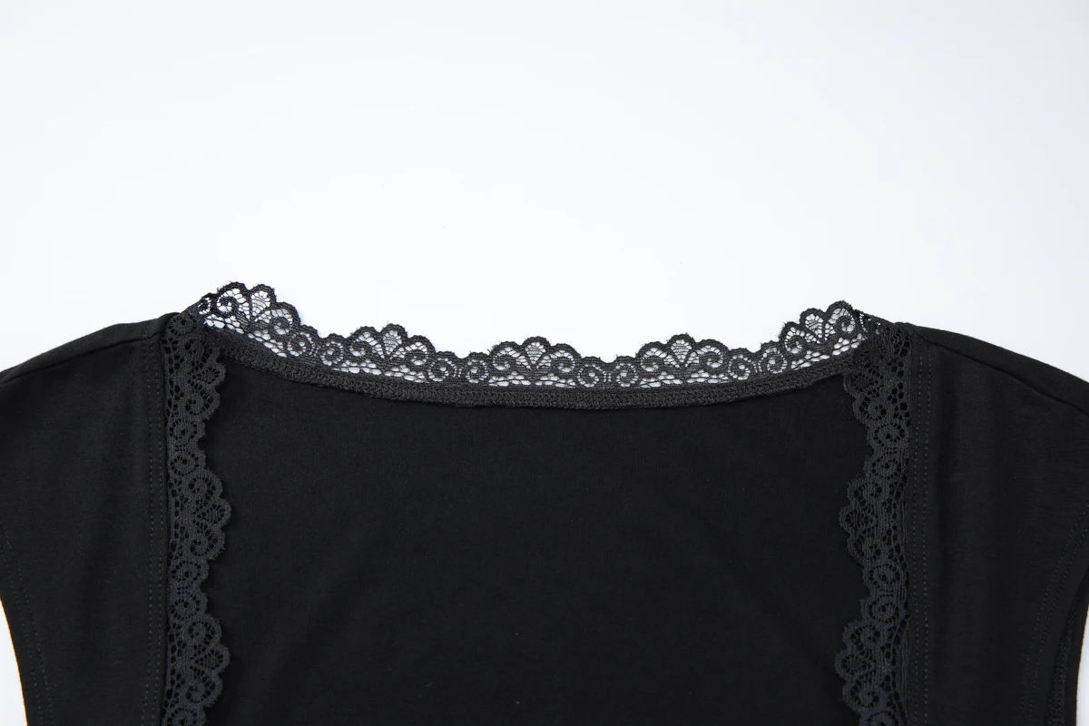 Hugcitar Fashion 2-teiliges Set, schwarz, quadratischer Kragen, Patchwork-Spitze, sexy Crop-Tank-Top, Rock, Sommer-Outfits für Damen, Streetwear, Club – Detail 5