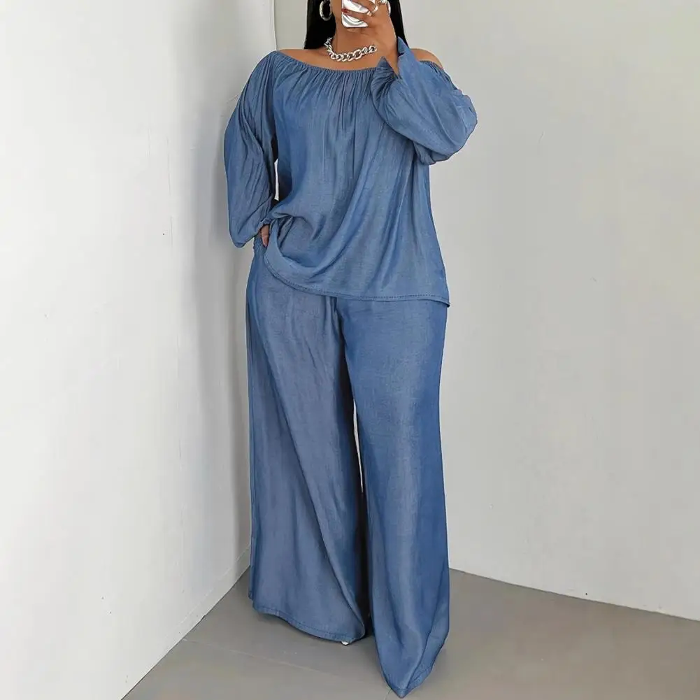 

Женский комплект из двух предметов с открытыми плечами и длинными рукавами, топ с высокой талией, широкие брюки, повседневный комплект из двух предметов, комплект для отдыха на выход