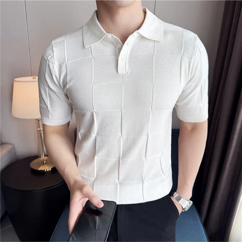 Fashion Plaid Ice Silk Knitted Polo Shirt Men's High Quality Casual Breathable T-Shirt Male Short Sleeveds Social Party Clothing