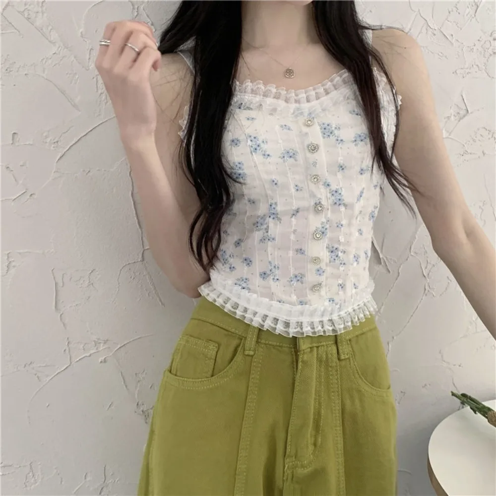 Sweet Lace Floral Crop Top Bralette Girl's Tank Top Sweet Flower Vest Korean Style Strap Skinny Bra with Pads Camisole Girl