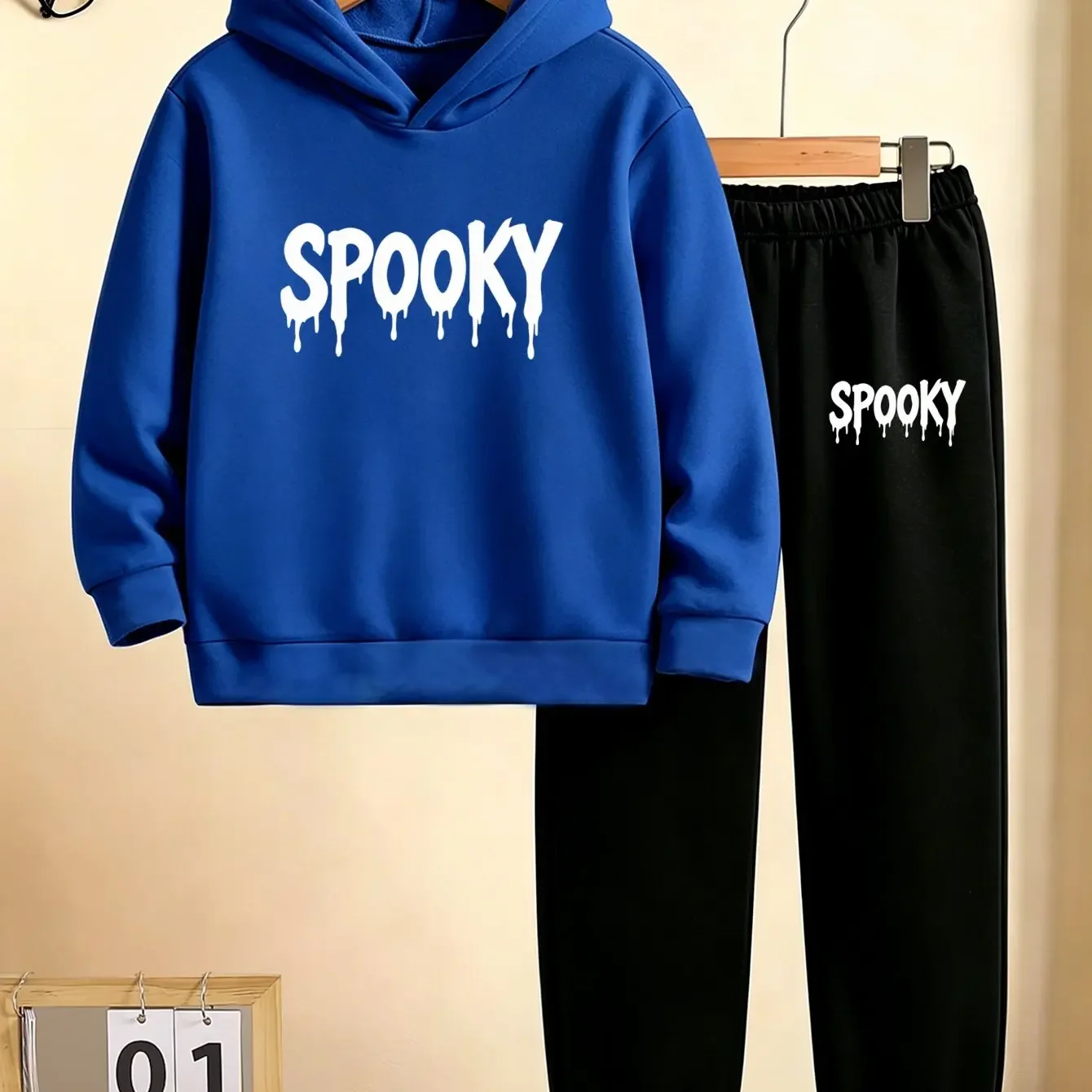 Children's hoodie and jogging pants set, featuring SPOOKY letter printed sportswear and casual wear