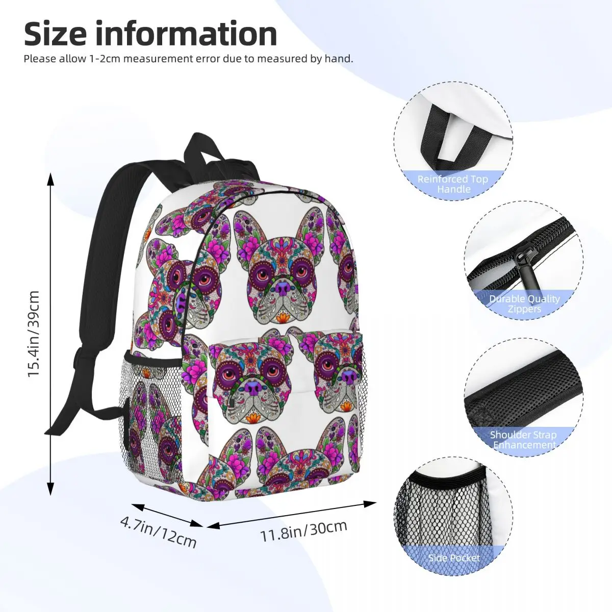 Mexican Day Of The Dead Dog Frenchie Backpack Student Boys Girls BookBag Men Women School Bag Laptop Shoulder Bags