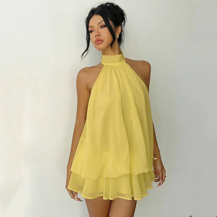 Linad أنيقة المشمش الشيفون فستان الرسن مثير عارية الذراعين الطبقات فساتين صغيرة الإناث الأصفر شير فستان الحفلات 2025 الخريف القوس #2