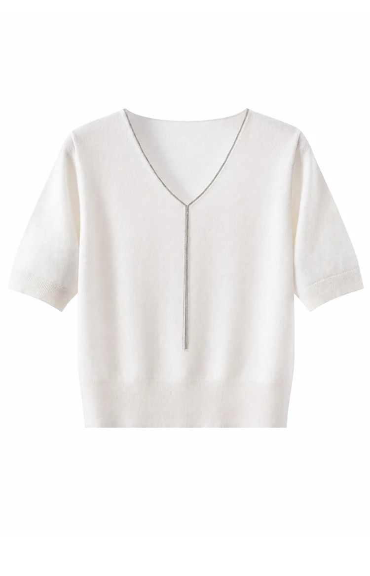 BD3621750 Damen-Pullover aus 100% Kaschmir mit V-Ausschnitt, kurzen Ärmeln, hängendem Kettendetail, weich, dezenter Luxus, elegant, für den frühen Herbst. – Detail 15