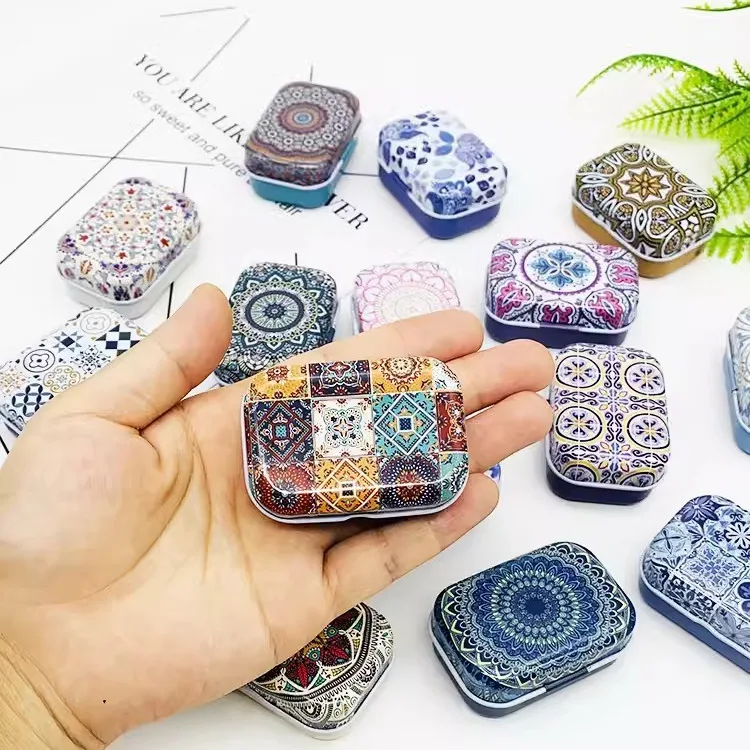 32Pcs(1 Box)  Ethnic Style DIY Mini Cover Iron Tin Box Earphone Ring Metal Case / Can/Pill Cute Small Kit/Candy Storage Gift