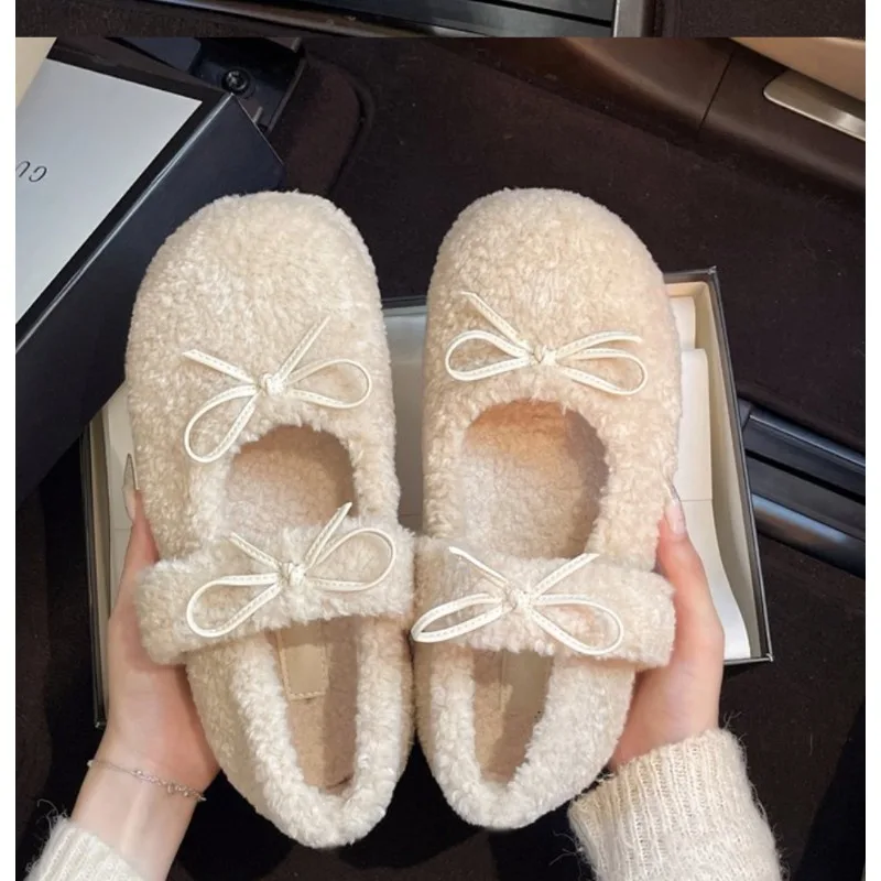 

Модные женские туфли на плоской подошве с мехом и внутренним увеличением 5 см, зимние теплые плюшевые туфли Мэри Джейн, элегантные женские туфли на мягкой подошве с бантом