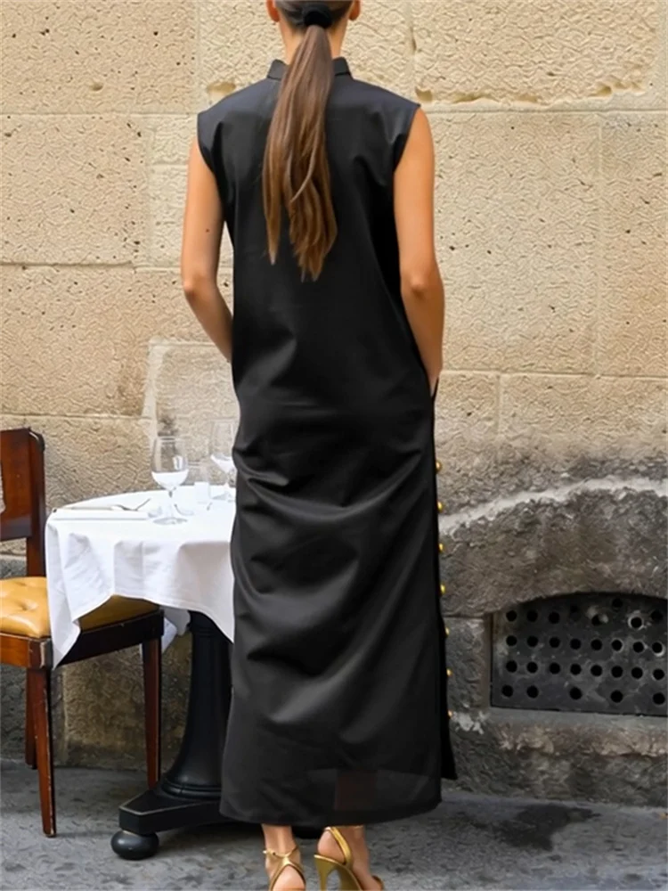 Yeezzi Women Fashion Split-Side Buttoned Stand Collar Evening Dresses 2026 New Sleeveless Solid Color H-Line Casual Shirts Dress