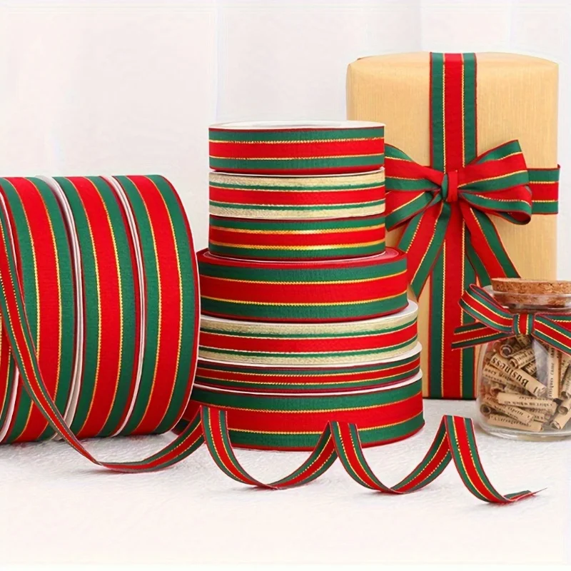 1 Stück Weihnachtsband, 25 Yards/Rolle, festliches doppelseitiges Band mit goldenem Rand |   Rote, grüne und weiße karierte Designs zur Geschenkverpackung