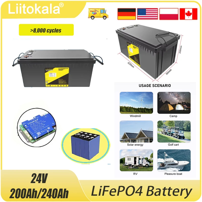 

LiitoKala 24 В, 200 Ач, 240 Ач, 25,6 В, аккумулятор LiFePo4 для хранения энергии на колесах, встроенный BMS для электрических фонарей,