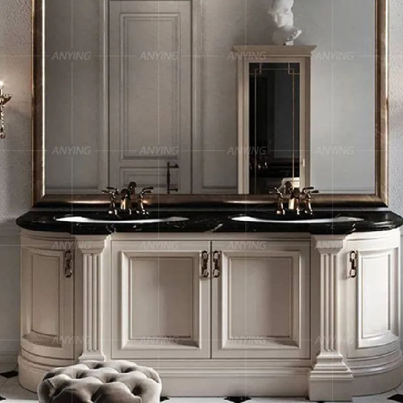 European Light Luxury Floor-to-ceiling Bathroom Cabinet Custom Solid Wood Washstand, American French Bathroom Sink, Double Basin
