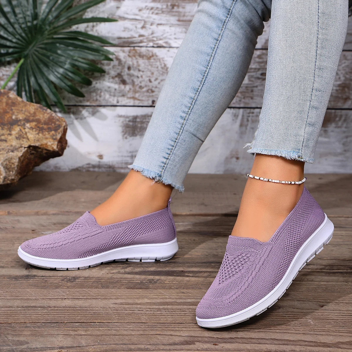Leichte Damen-Strick-Flachschuhe, Slip-On-Sneaker, atmungsaktive Low-Top-Turnschuhe, Wanderschuhe mit hohler, weicher Sohle – Detail 13