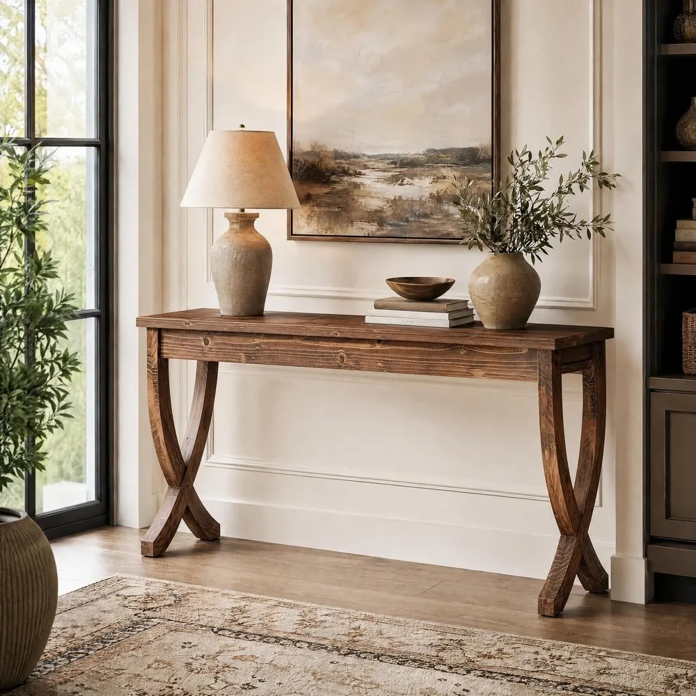 63 Inch Solid Wood Console Table Farmhouse Entryway Table Long Sofa Table for Living Room Hallway Entrance Foyer (Brown)