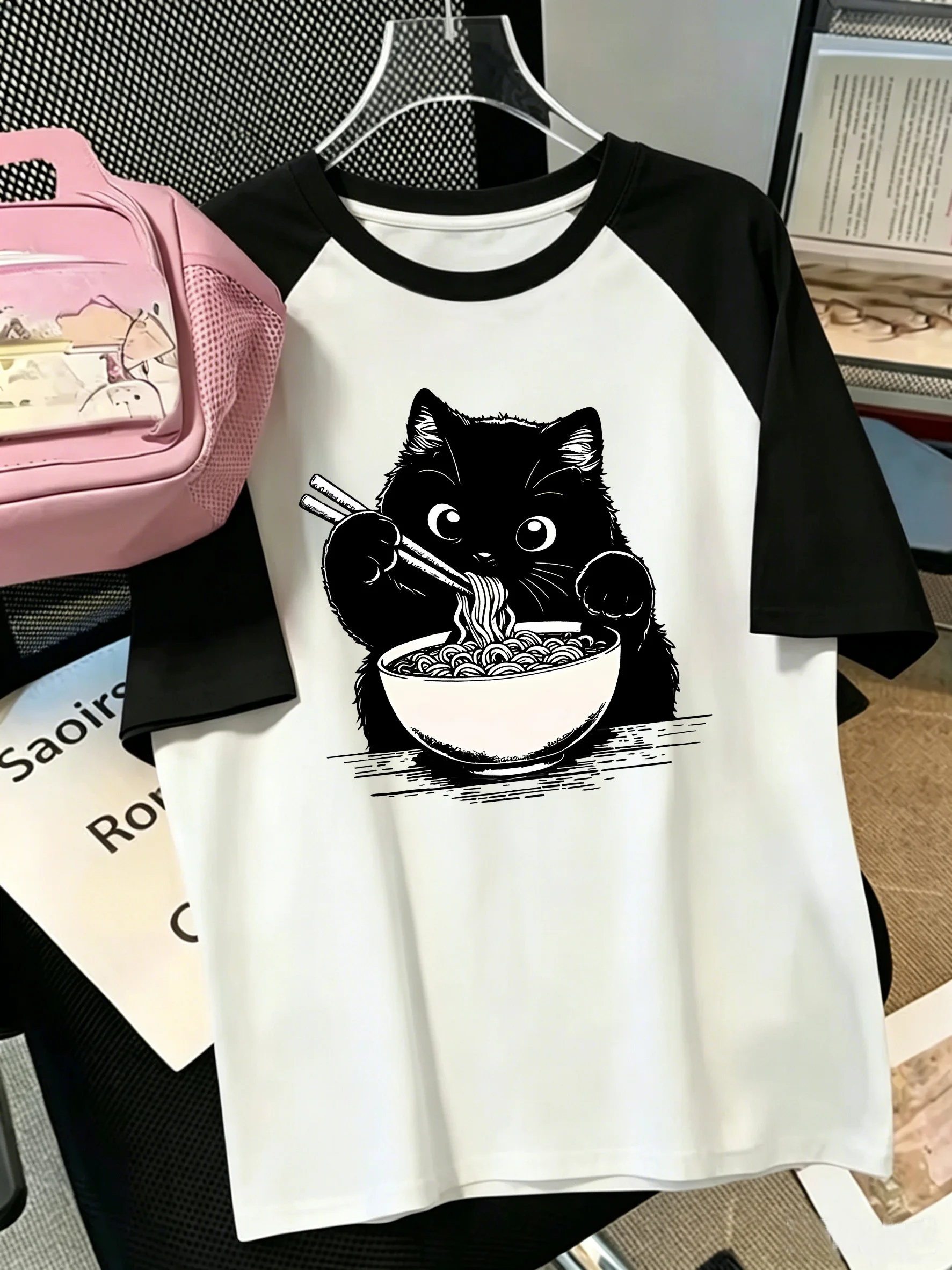Harajuku Japanese Style Cat  Eat Ramen T-shirts Women Summer Cute Animal T Shirt Short Sleeve Graphic T Shirts  Woman Tops