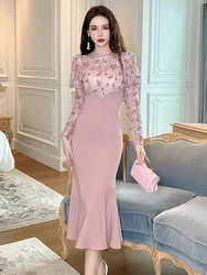 Spring Autumn Qipao Mermaid Long Dresses Women Clothing Mujer Elegant Pink Vintage Puff Sleeve Wrap Hip Dress Robe Femme Vestido
