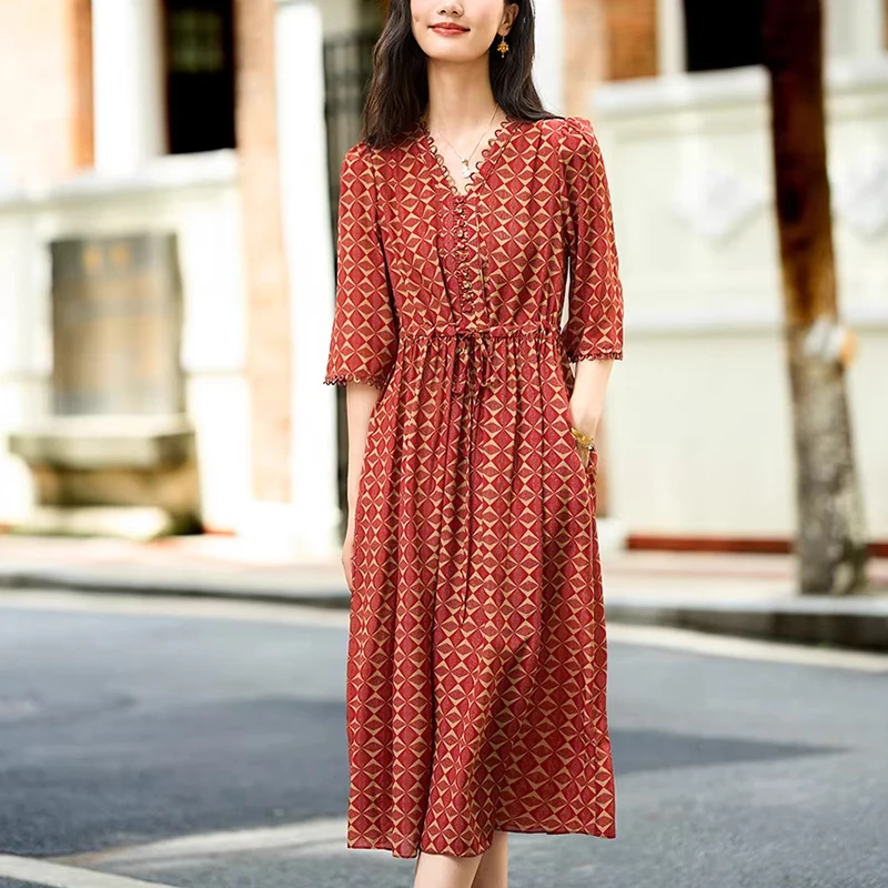 New Summer Long Dresses For Women 2026 Elegant Fashion V-neck 100% Real Silk Vintage Dress A-line Drawstring Print Dress