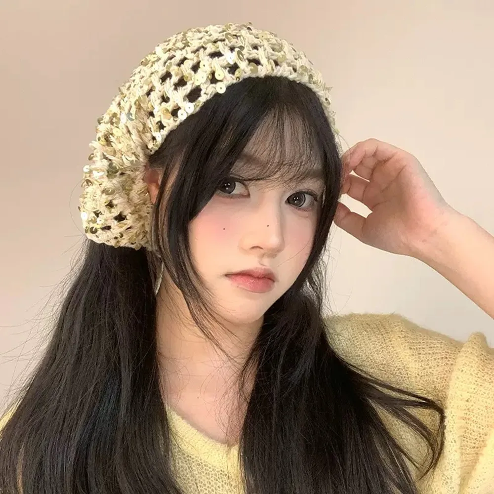 

Fashion Sequined Lace-up Triangular Headscarf Women Summer Travel Photo Thin Headband Hip Cover Y2K Handmade Crochet Beanies New