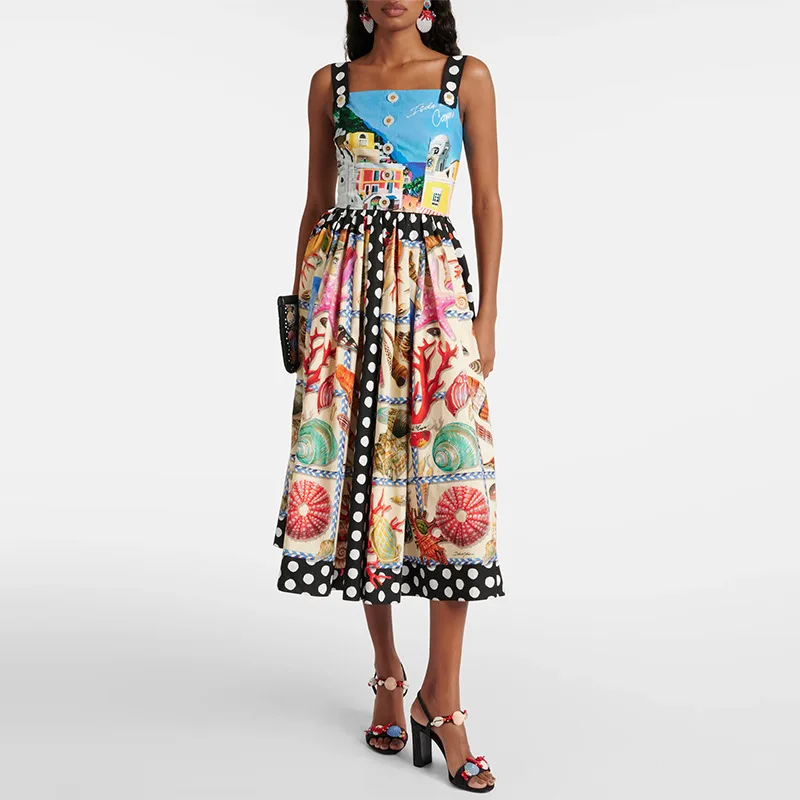 

Seaside Vacation Style Sleeveless Suspender Dress2025New Printed Design Waist Slimming Long Dress Women's Summer