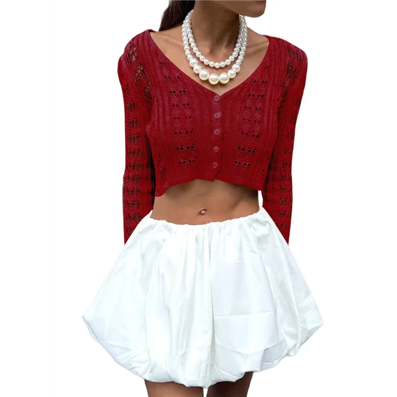 【SEE】เสื้อสตรีคอวีคัตเอาท์ปุ่มคาร์ดิแกนสีขาวสําหรับผู้หญิงแขนยาวกระดิ่งถัก