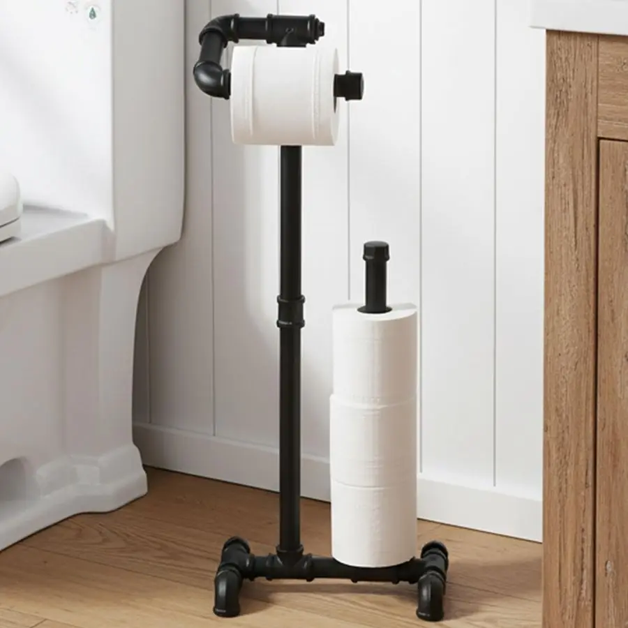

Rustic Toilet Paper Holder with Reserve, Farmhouse Toilet Paper Holder Stand Bathroom Industrial Pipe Toilet Paper Storage Black