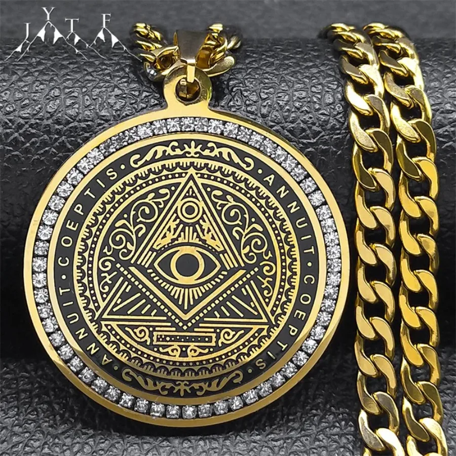 Eye of Providence Illuminati Pyramid Hip Hop Crystal Big Necklace Men's Chain Stainless Steel Gold Color Accessories man NZZZ48