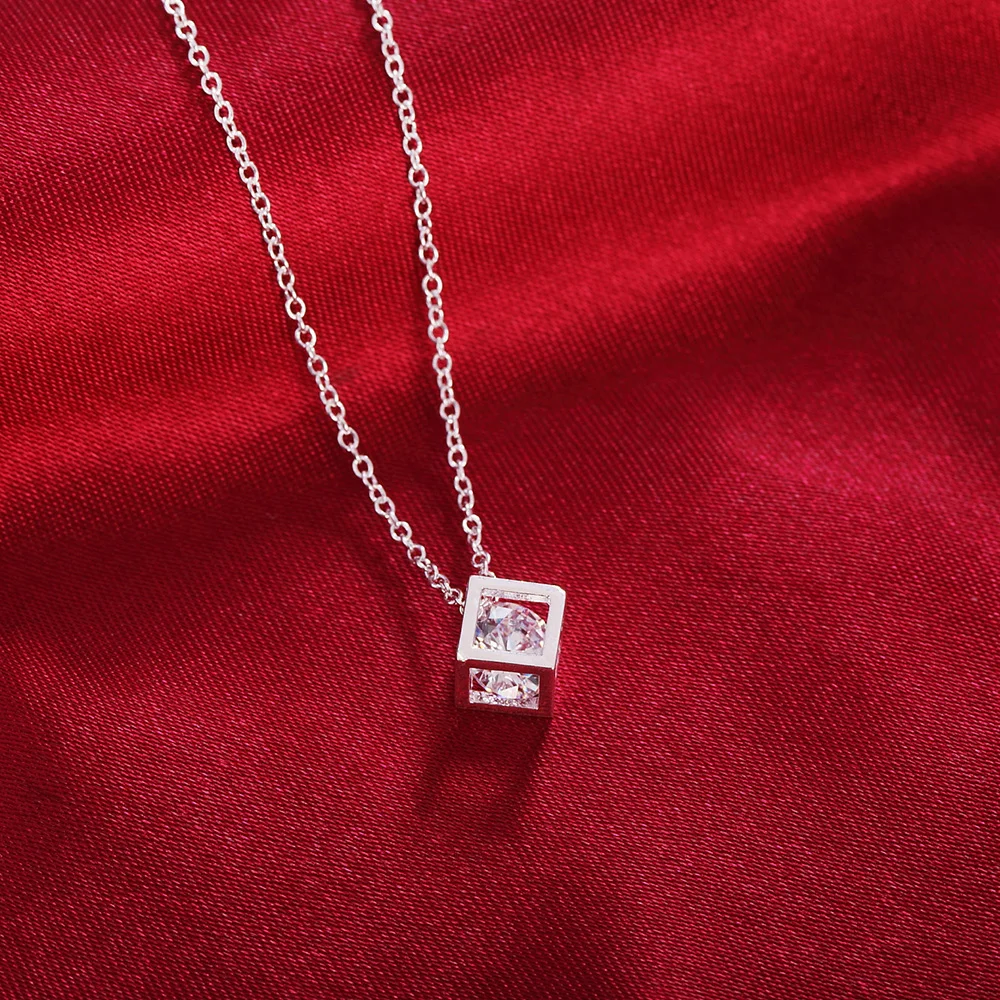 925 Sterling Silver Square Shiny Aaa Zircon Pendant Necklace For Women 18 Inches Fashion Jewelry Party Wedding Birthday Gifts