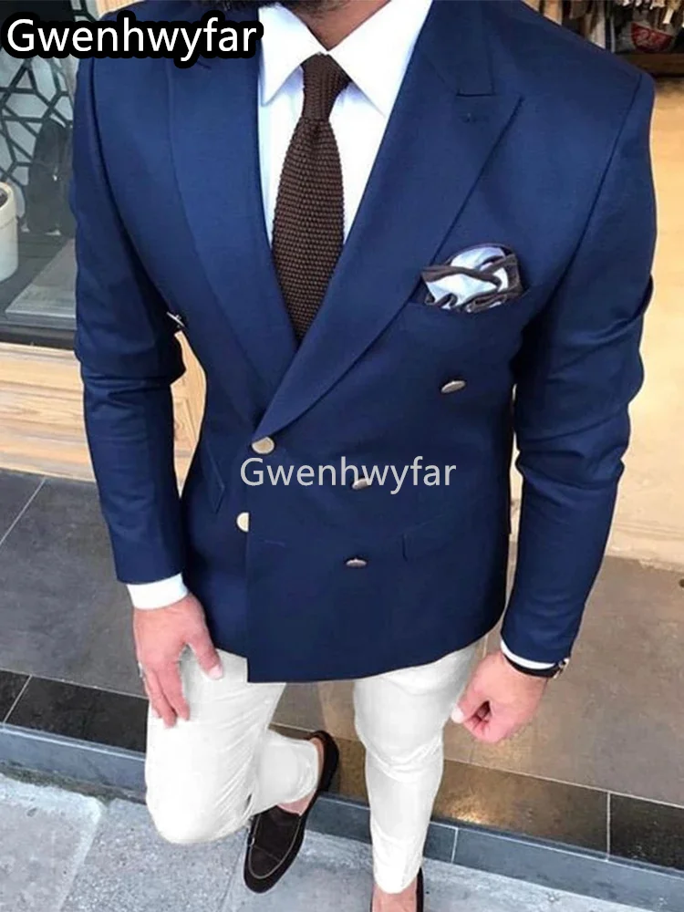 

Gwenhwyfar Fashion New Navy Double Breasted 2 Pieces Men's Suit Groom Groomsmen Wedding Tuxedo Custom Peaked Lapel