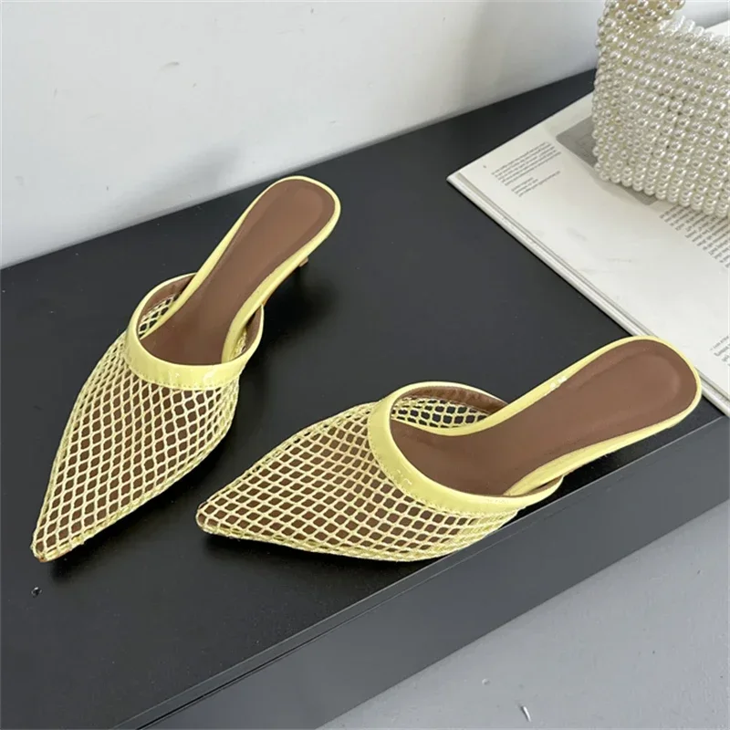 

Summer Fashion Hollow Out Mesh Women Slippers Sandals Pointed Toe Thin Low Heels Slingback Mules Shoes Zapatos De Mujer