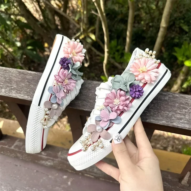 AJGS Spring Summer Canvas Shoes 2024 Spring Parent-child 3D Flower Girls Canvas Shoes Women Sneakers Lady Casual Shoes Single