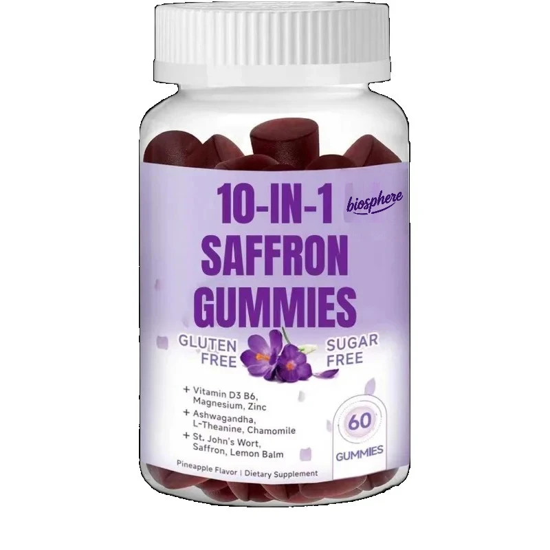 

88.5mg pure saffron gummies, containing vitamins D3, B6, magnesium, zinc, and chamomile