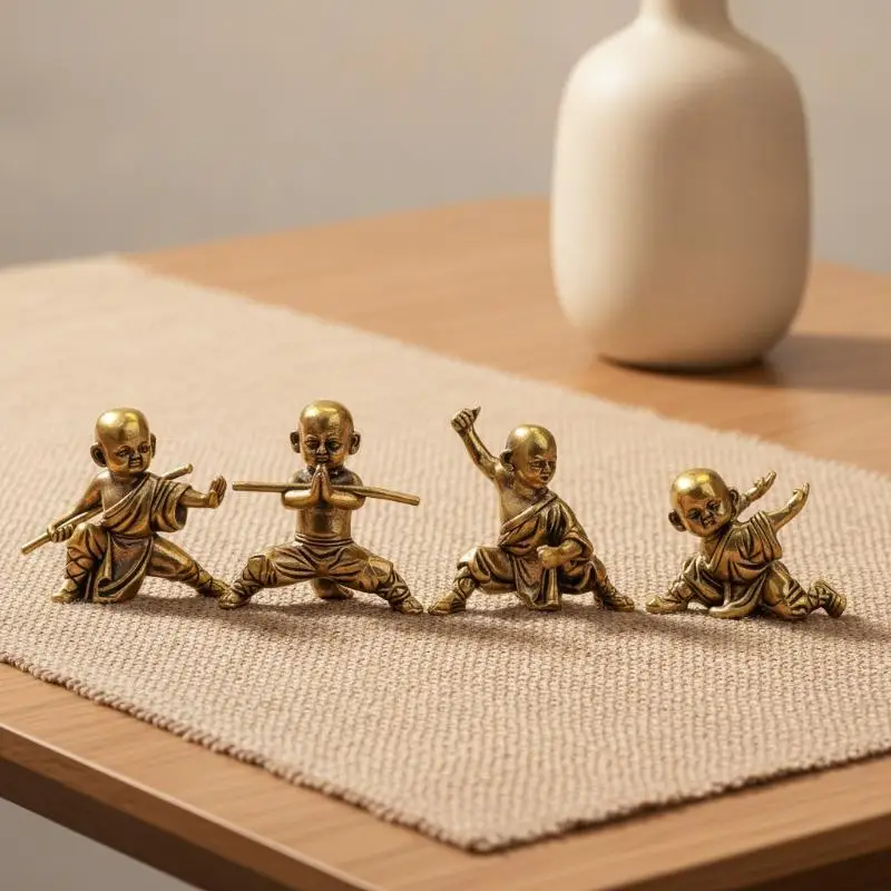 Brass Kung Fu Monk Figurine Hand Polished Mini Vintage Brass Ornament for Office Bookshelf Decor Collectible Art Gift