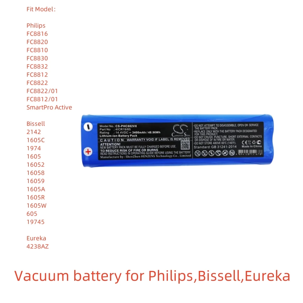 Li-ion Rechargeable Vacuum Battery for Bissell, Philips, Eureka | 14.4V, 3400mAh | Compatible with FC8816, FC8820, FC8810,1605