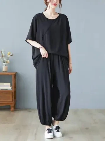 

plus Size Casual Sportswear Set Women Summer Loose Slimming Two-Piece Suit Mom Belly Cover High Waist Nine-Piece Pants ort ...