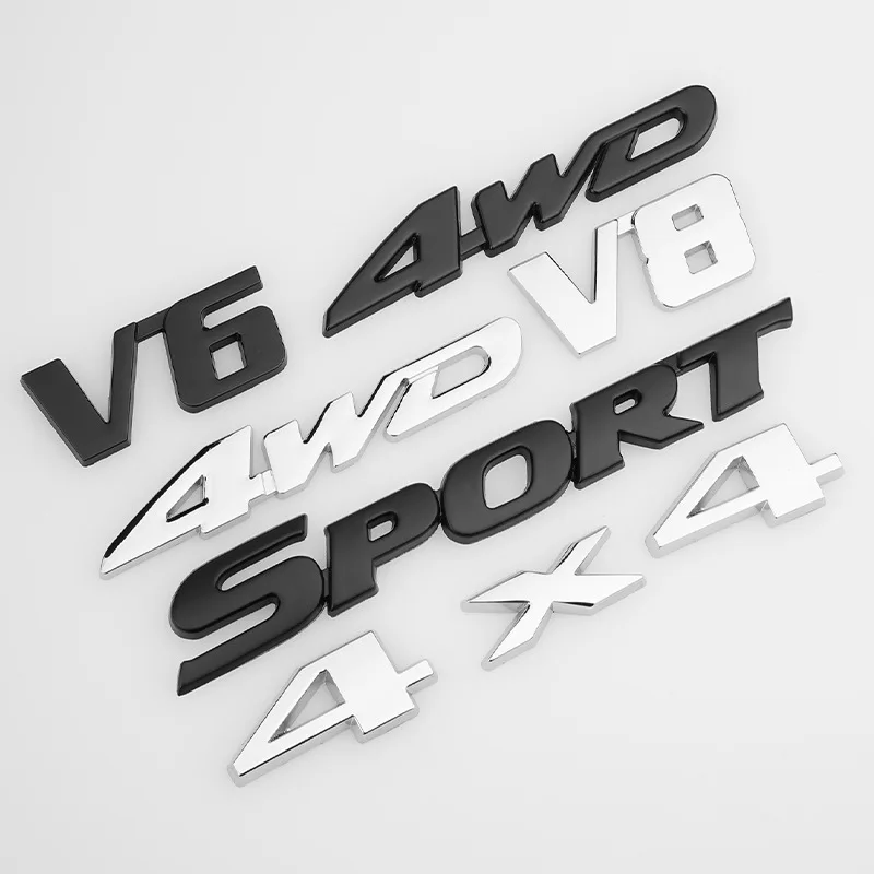 Car Modification 4WD Sticker Full Time Four Wheel Drive AWD Off Road V6 Side Emblem V8 4x4 Metal Rear Badge Decal