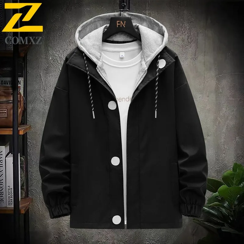 

COMXZ 2025 Mens Korean Style Faux Two Piece Hooded Jacket Spring Autumn Breathable Versatile Trendy Casual Coat