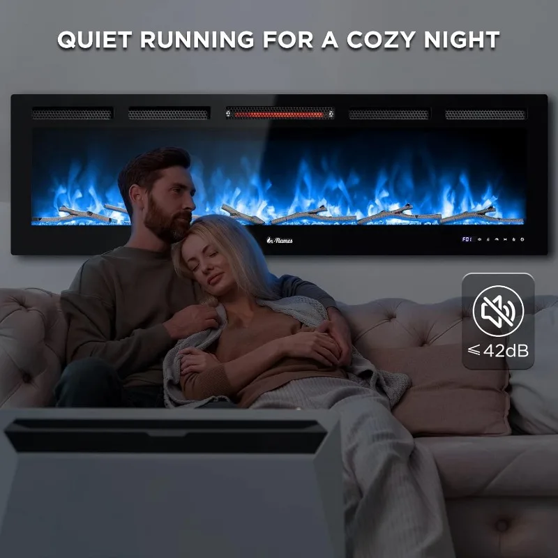 TURBRO 60” Smart WiFi Infrared Electric Fireplace with Sound Crackling and Realistic Flame, 1500W Quartz Heater