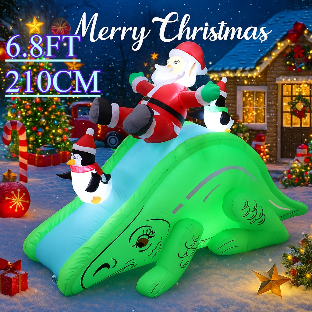 6.8FT Xmas Holiday Inflatable Yard Decor Santa Dinosaur Slide Penguins LED Toy Porch Patio Outdoor Party Ornament Decorations