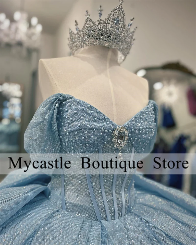 Sky Blue Tulle Beaded Quinceanera Dresses 2024 With Bow Crystals Sweet 16 Dress Birthday Party Dress Lace-up Vestidos De 15 Años