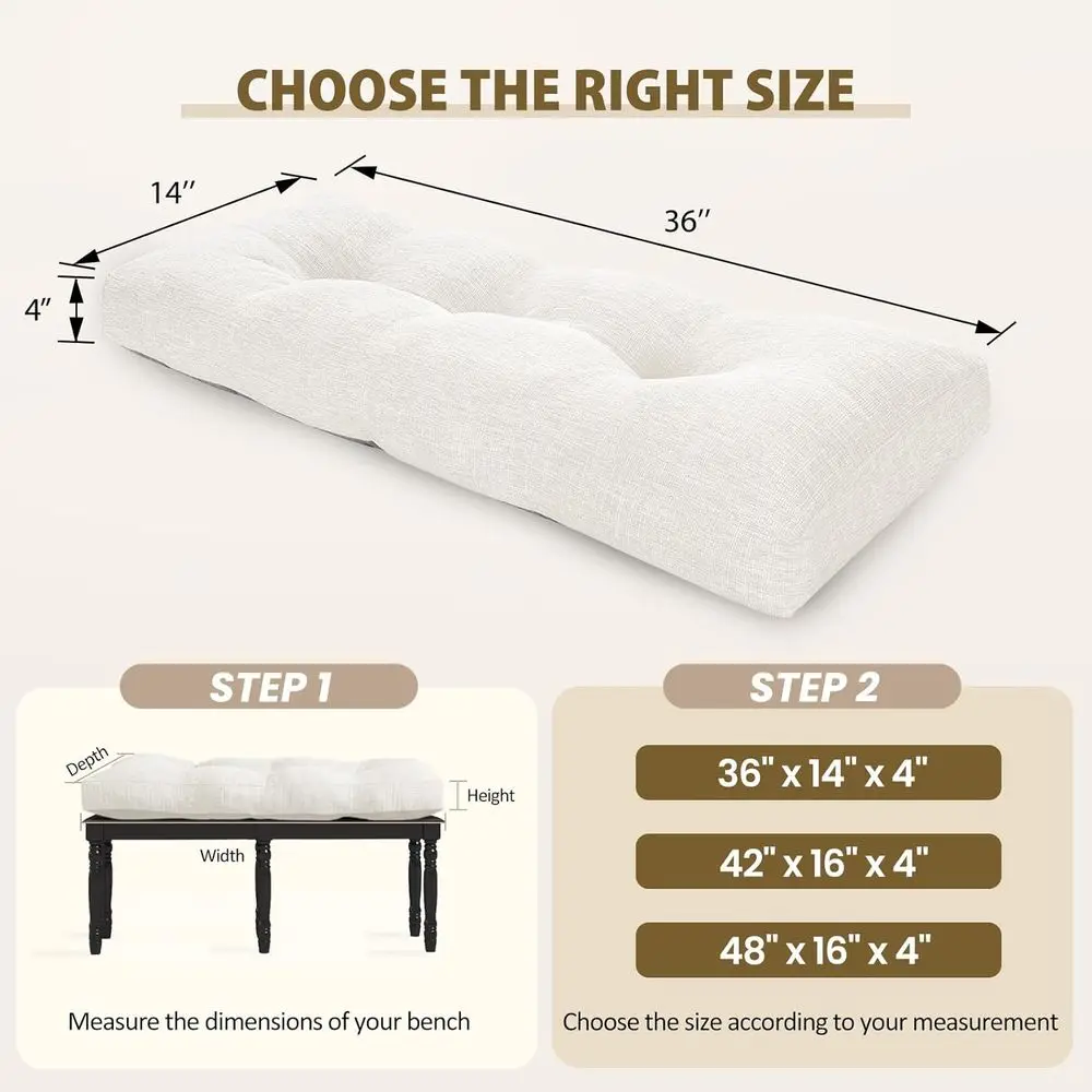 Almofada de banco de espuma tufada grande, antiderrapante, 36 x 14 x 4 polegadas, bege, pacote com 2