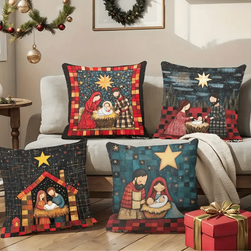 4 fundas  almohada Navideñas con escena del Nacimiento - Fundas suaves para cojines cerradas por cremallera, ilustraciones est