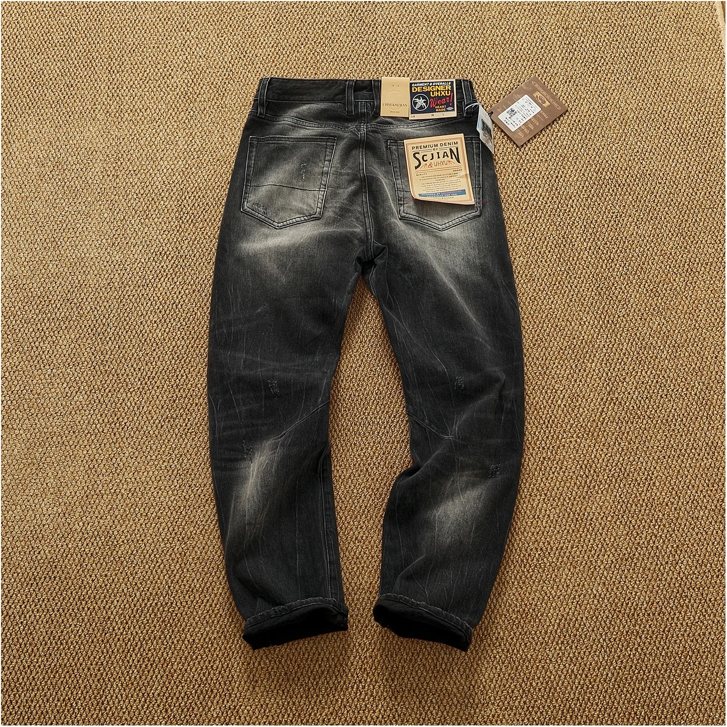 بنطال جينز أمريكي عتيق غير رسمي من الفحم المتقدم مغسول ثقيل الوزن للرجال بنطال مستقيم مستدق طفيف