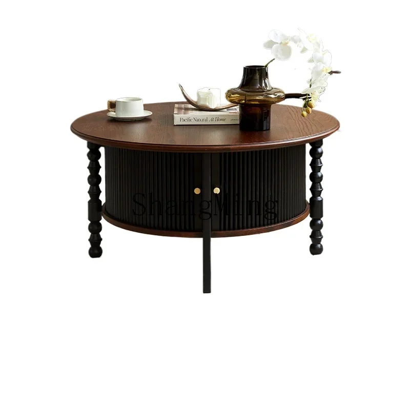 

ZZJ retro solid wood round tea table combination small apartment living room bedroom sofa side balcony corner tea table