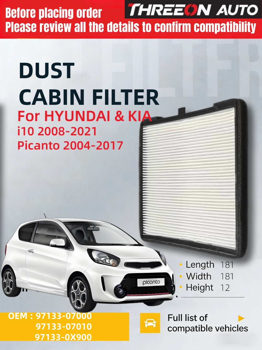 

THREEON Dust Air Cabin Filter For Hyundai i30 2007-2020, Picanto 2004-2018 97133-07000 97133-07010 97133-0X900