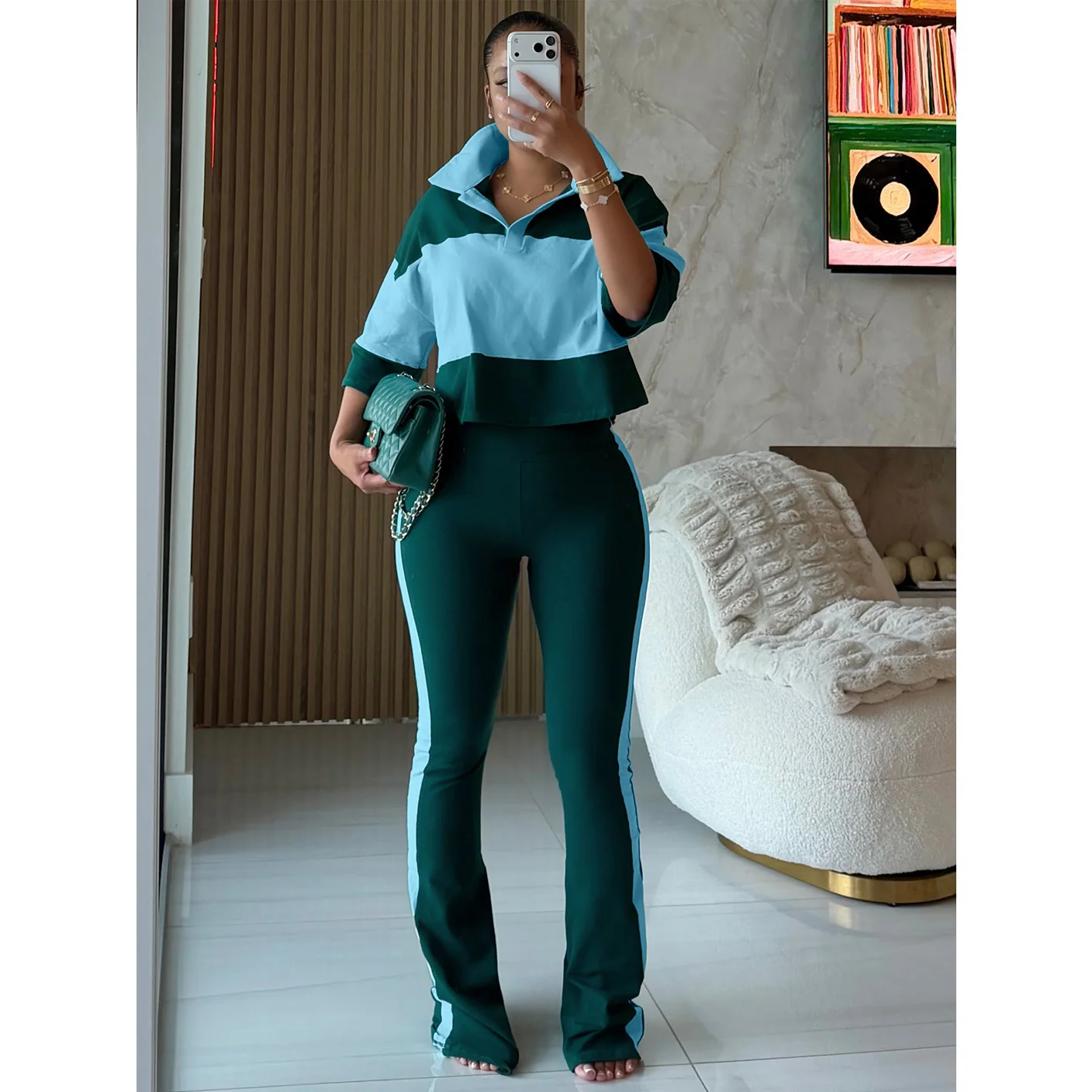 Women Striped Tops 2 Piece Pant Set Outfits 2026 Women Autumn Winter Flare Skinny Trousers Crop Top Two Piece Sets