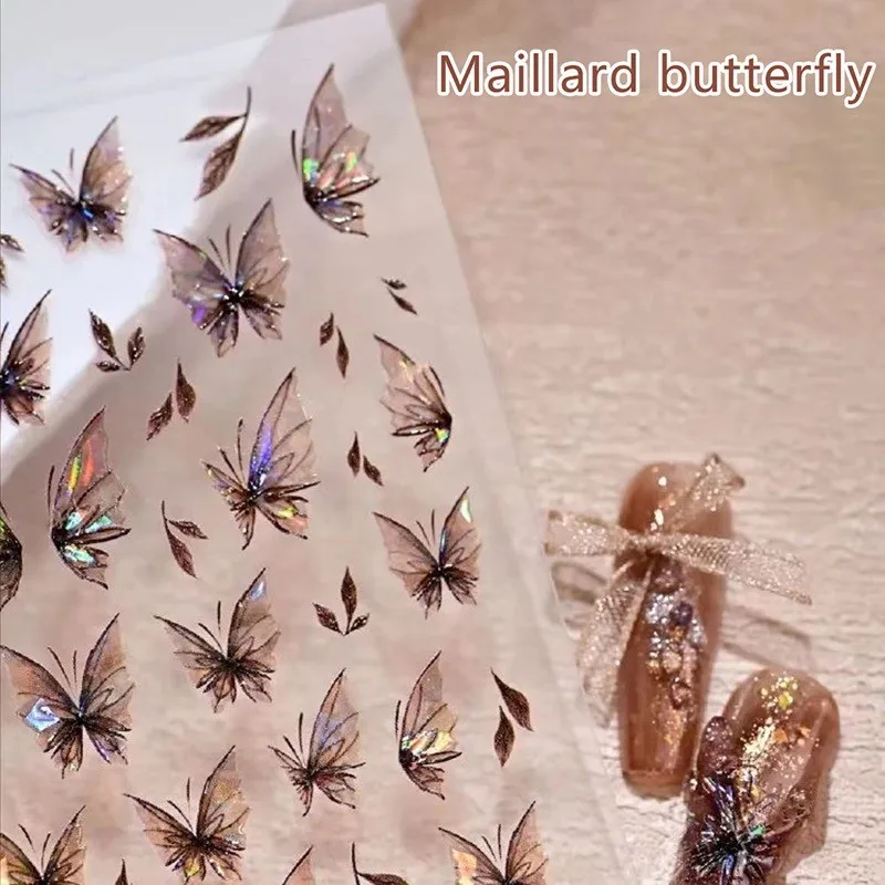 Vintage Fall Maillard Nail Stickers Butterfly Shell Luster Chinese Style Brown Leaves Self Adhesive Decals