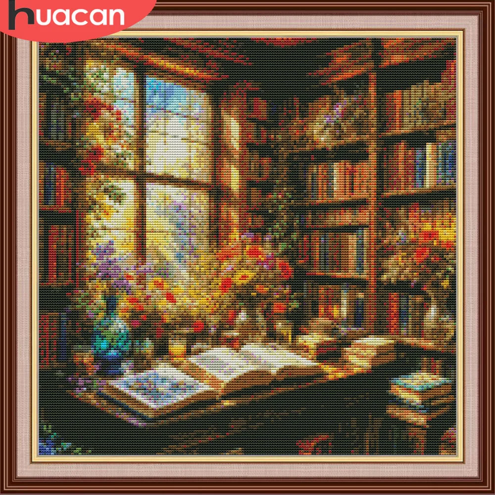 HUACAN – Kit de points de croix, livre de broderie de paysage, fils Dmc pour la maison, artisanat de loisirs, image imprimée de 11Ct, décoration murale en toile