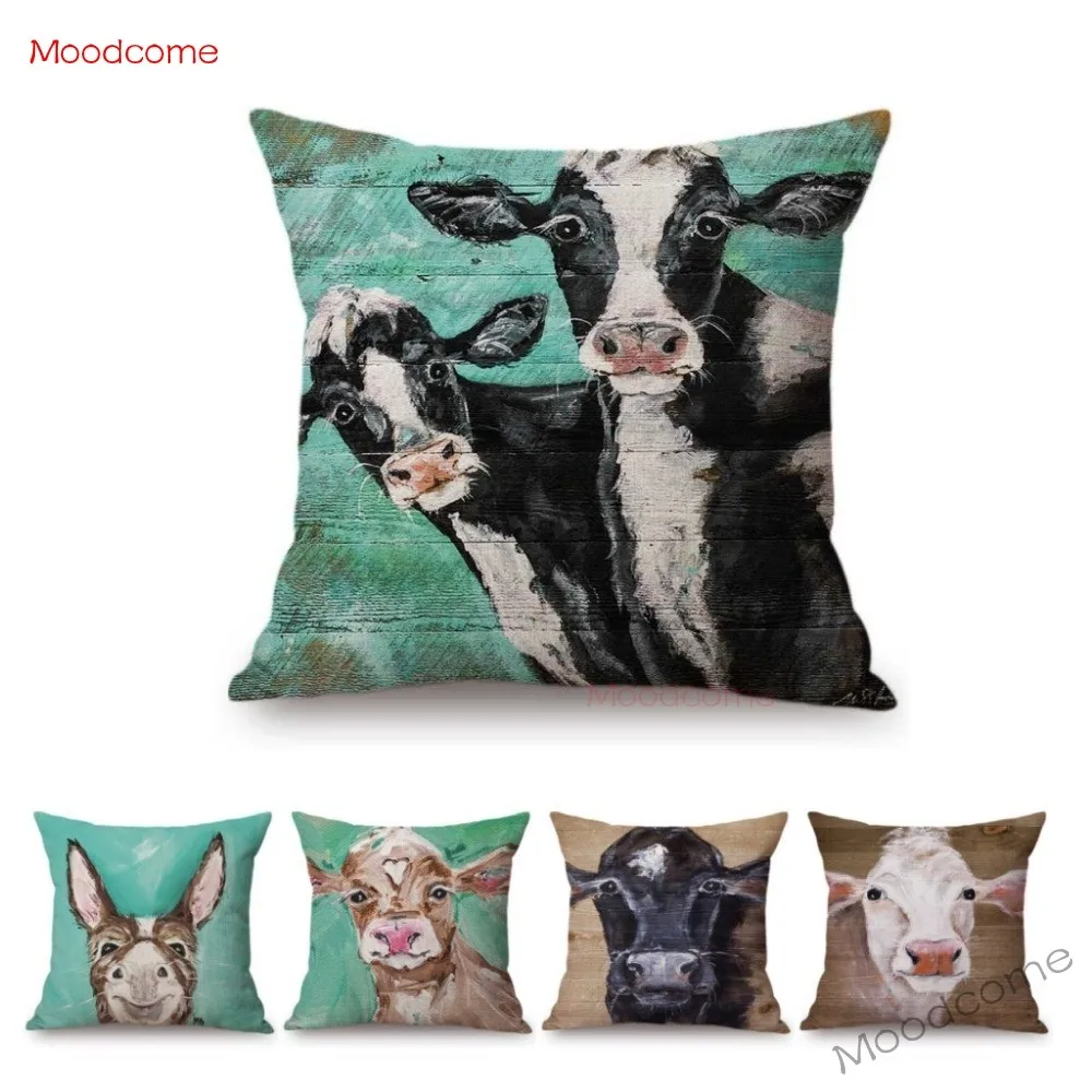 Oil Painting Farm Animals Cow Cattle Donkey Sofa Throw Pillow Case Green Cotton Linen Home Decor Cushion Cover Concealed Zipper