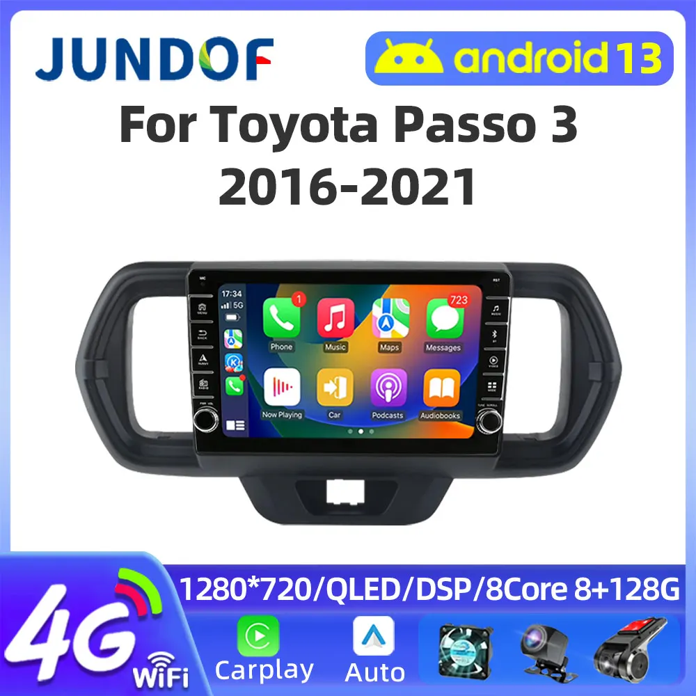 

Автомагнитола Jundof, Android 13, 4G, Carplay, 2 Din, для Toyota Passo 3 2016-2021, автомобильный мультимедийный плеер с GPS-навигацией, Wi-Fi, FM, головное устройство