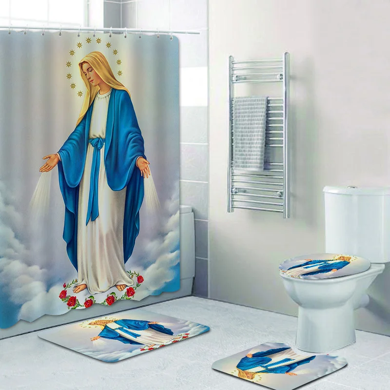 

Holy Virgin Mary Our Lady Blessed Mother Painting Shower Curtain Bathroom Curtains Set Catholic Bath Curtain Mat Rugs Home Decor