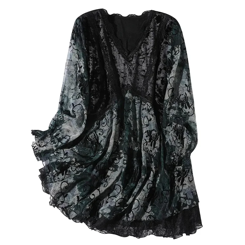 Chiffon Female 2023 Spring Clothes Loose Velvet Splicing Foreign Style V-neck top High-end Fashionable Temperament Small Shirt X