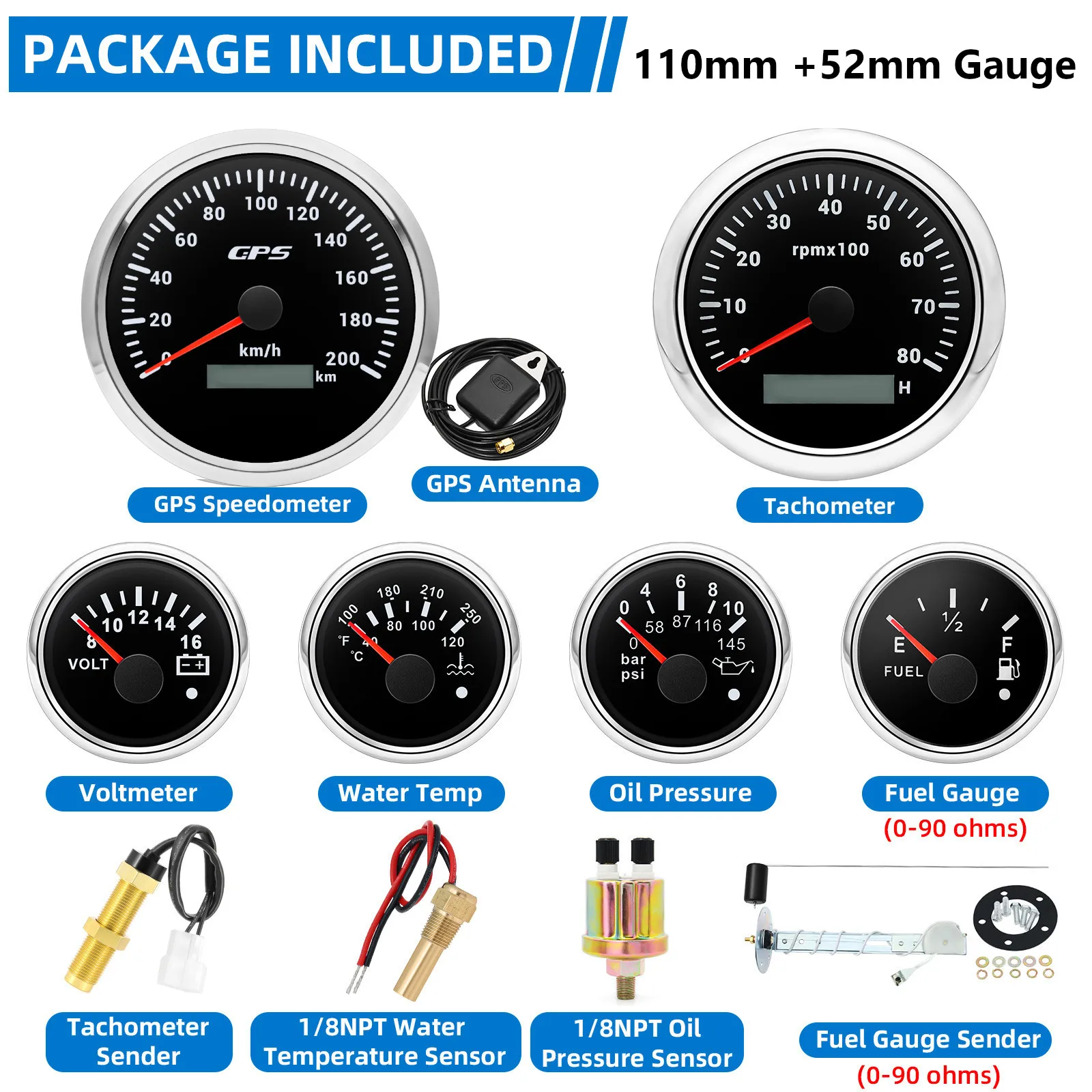 110mm Gauge+52mm Gauge 6 Gauges Set With Sensors 200kmh GPS Speedometer 8000RPM Tachometer Voltmeter Temp Oil Press Fuel 0-90ohm